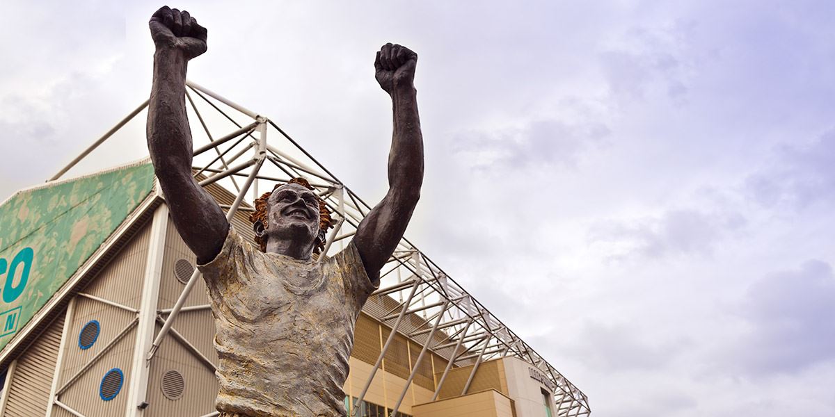 A statue for legendary Captain Billy Bremner outside Elland Road football stadium