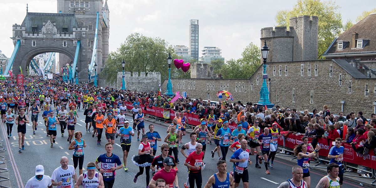 London Marathon participants crossing Tower Bridge