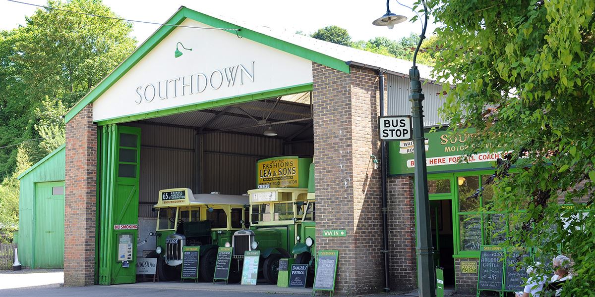 See old-fashioned buses at Amberley Museum and Heritage Centre