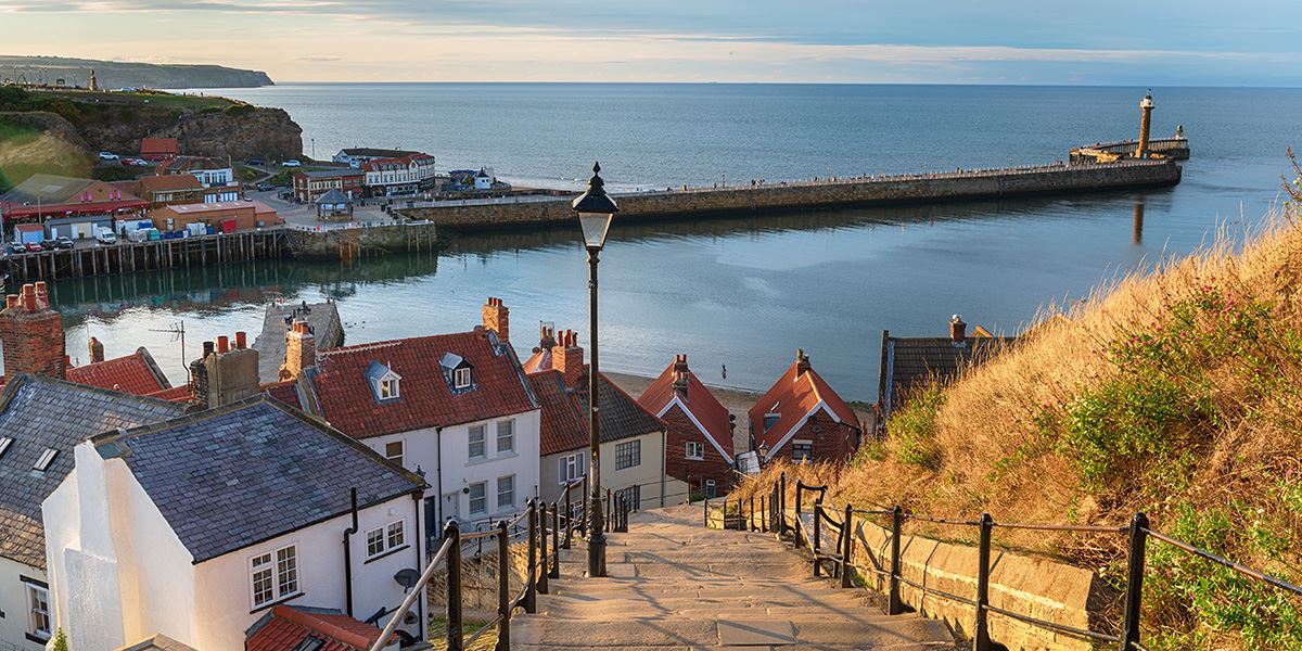 Looking down at the fishing village of Whitby in North Yorkshire