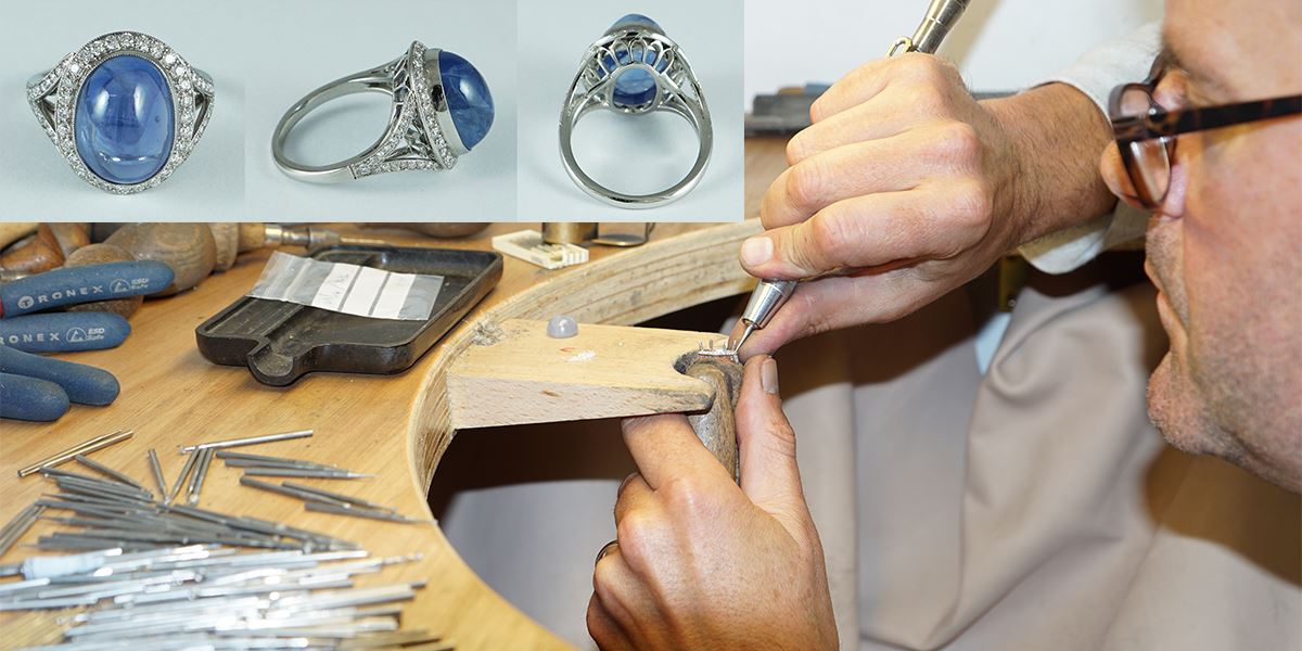 Richard works on a new design in the Baxter & Hanks Workshop.Inset: a sapphire halo ring